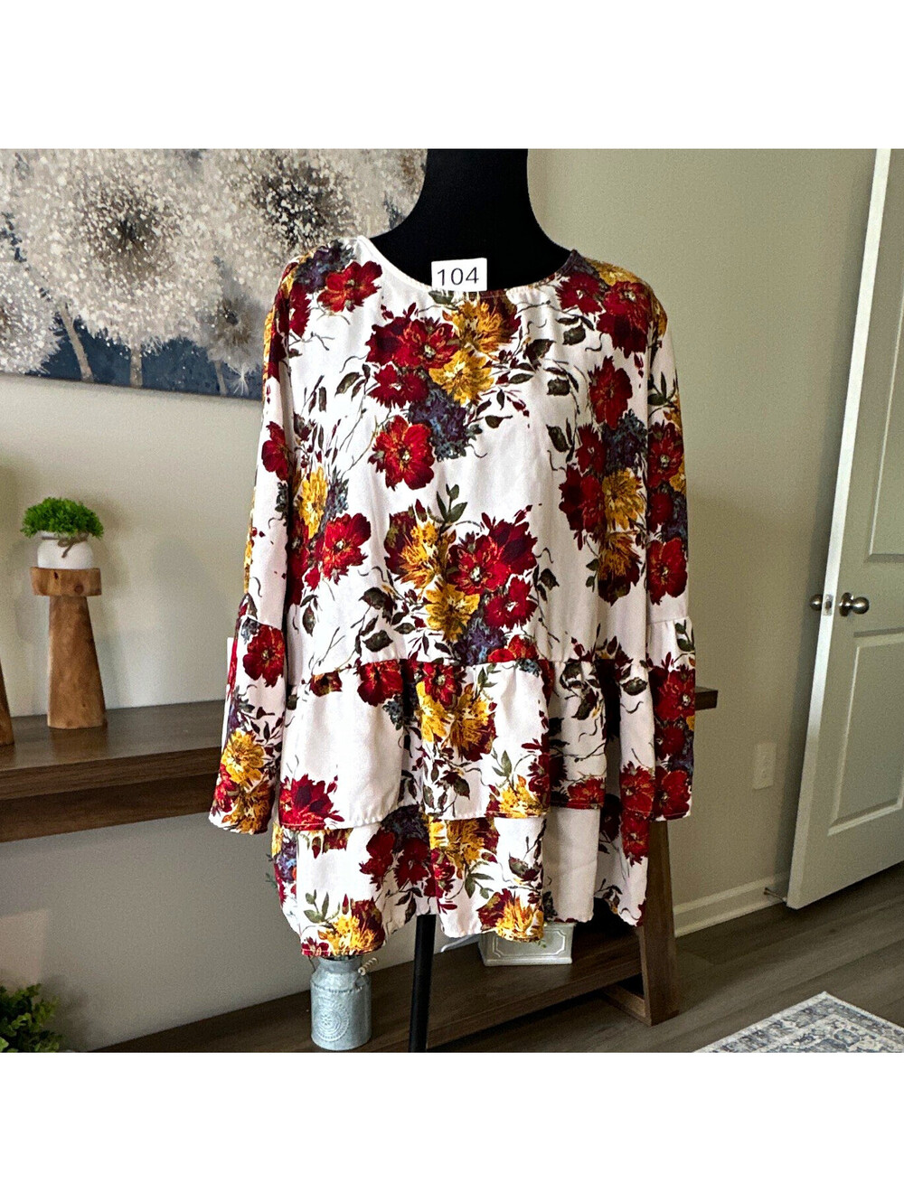 Time and Tru Plus XXL White Floral Ruffle Tunic Blouse Bell Sleeve Woven Poly